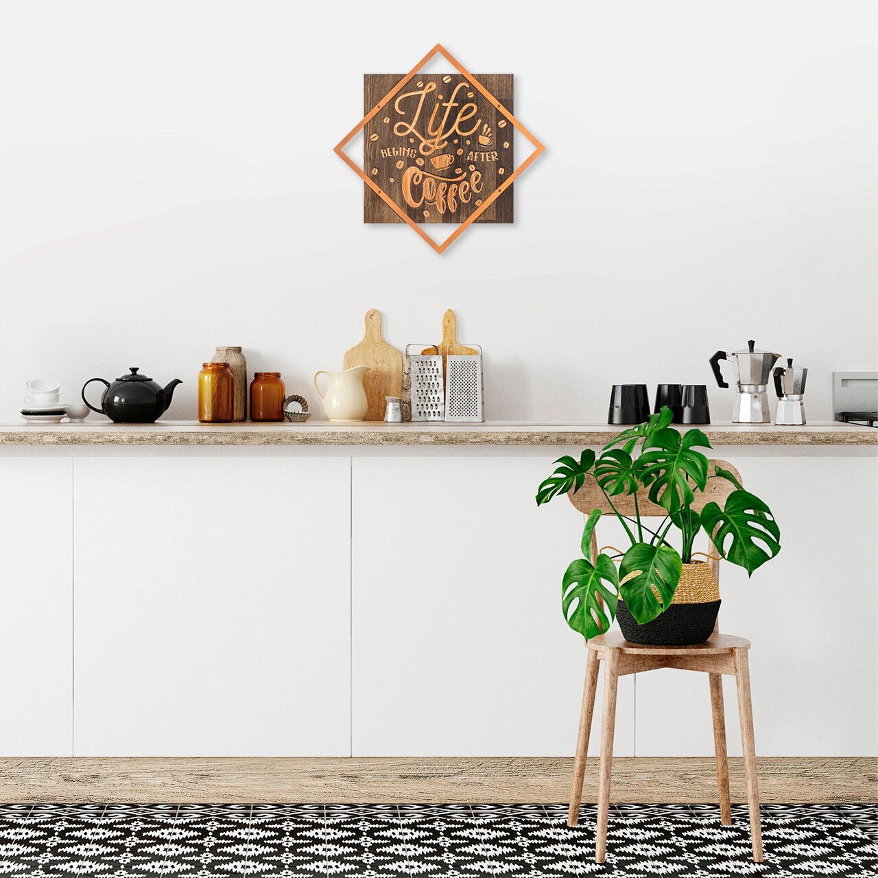 Decoratiune de perete, Life Begins After Coffee, Dimensiune: 54 x 54 cm, Nuc / Cupru - imagine 7
